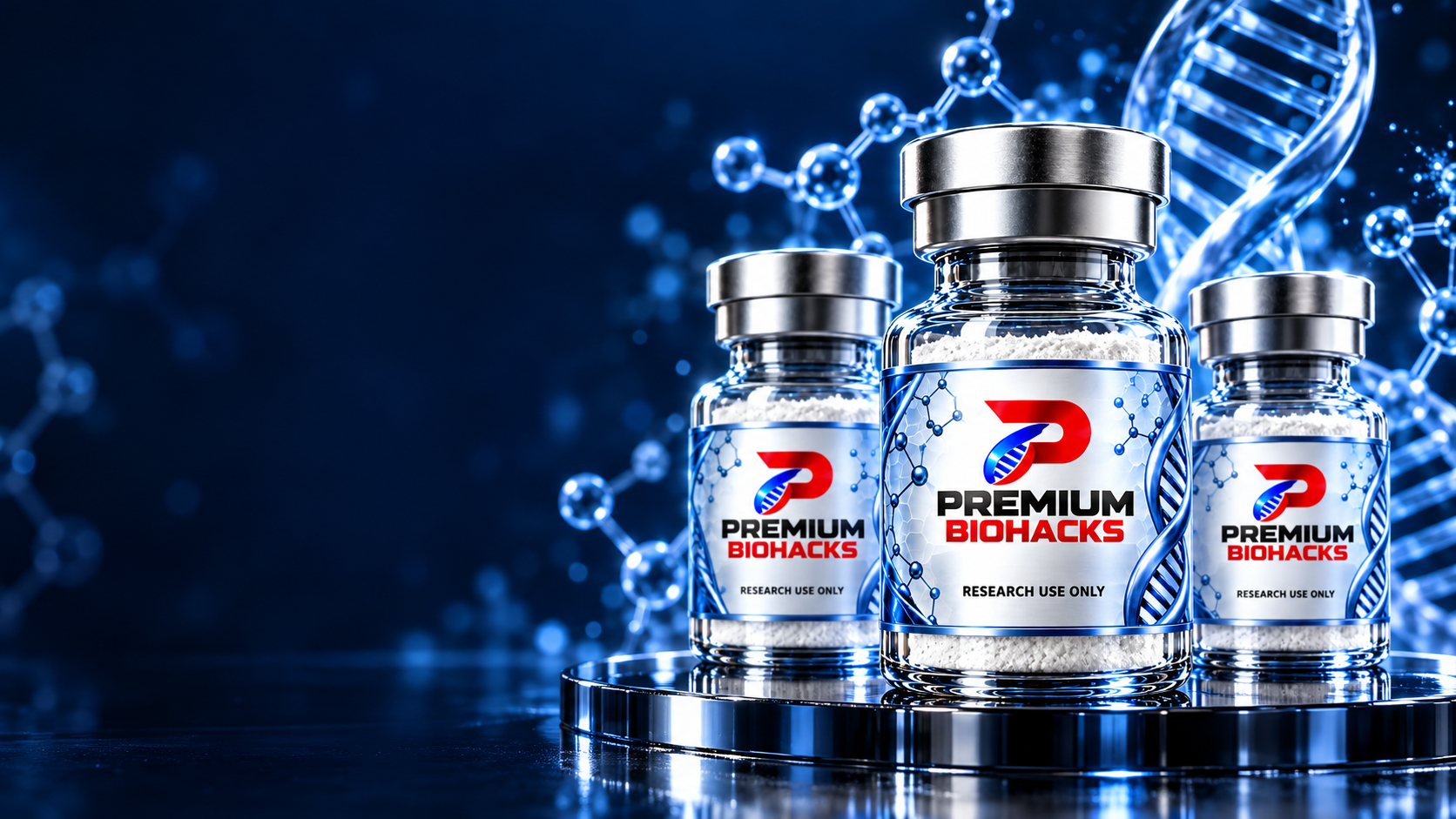 Three Premium Biohacks research vials with the red and blue brand logo, surrounded by DNA helices and molecular chains